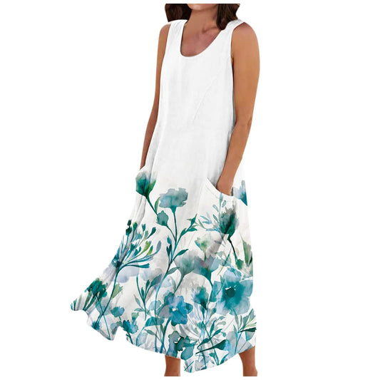 Women's Floral Linen Sundress — Sleeveless with Pockets