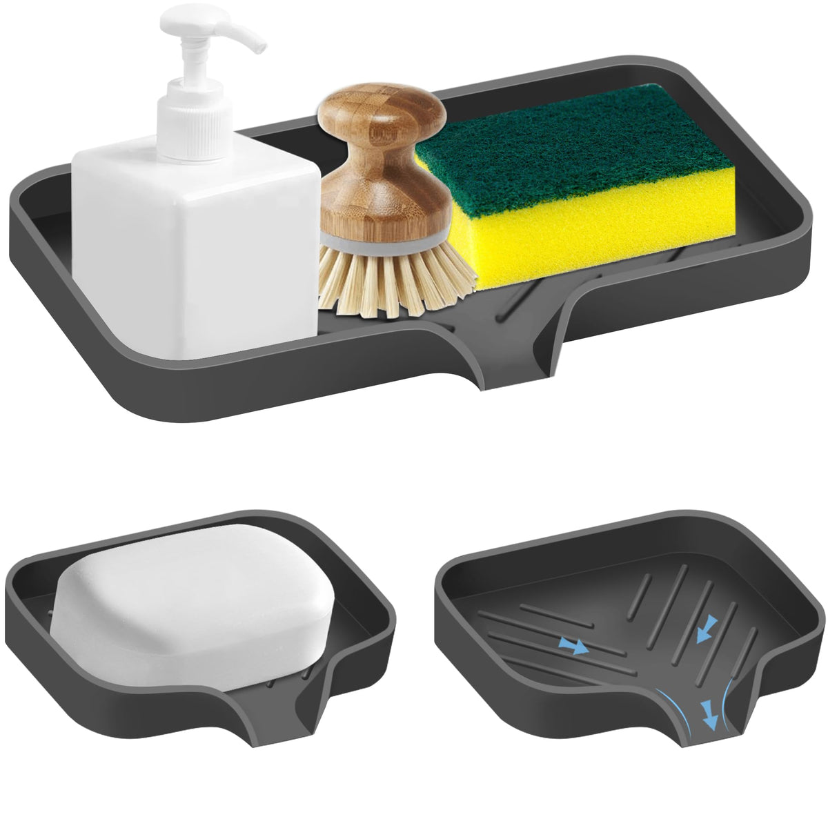 Silicone Sink Tray 3-Pack — Self-Draining Sponge Holder