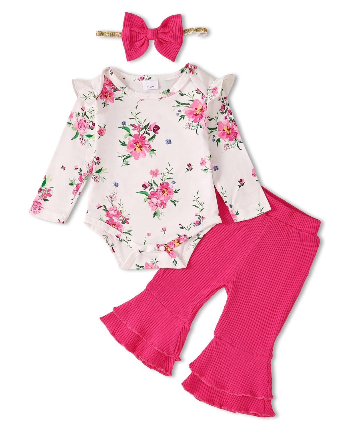 Toddler Girl 3-Piece Outfit — Floral Romper, Flared Pants & Headband